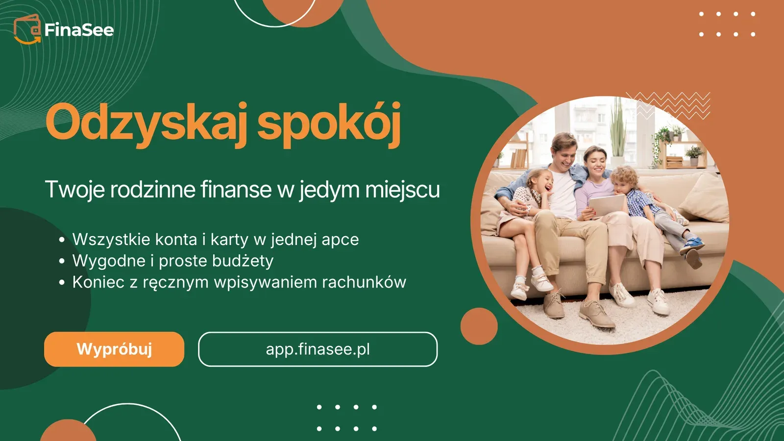 Odzyskaj spokój - Twoje rodzinne finanse w jednym miejscu. Wszystkie konta i karty w jednej apce, wygodne i proste budżety, koniec z ręcznym wpisywaniem rachunków.