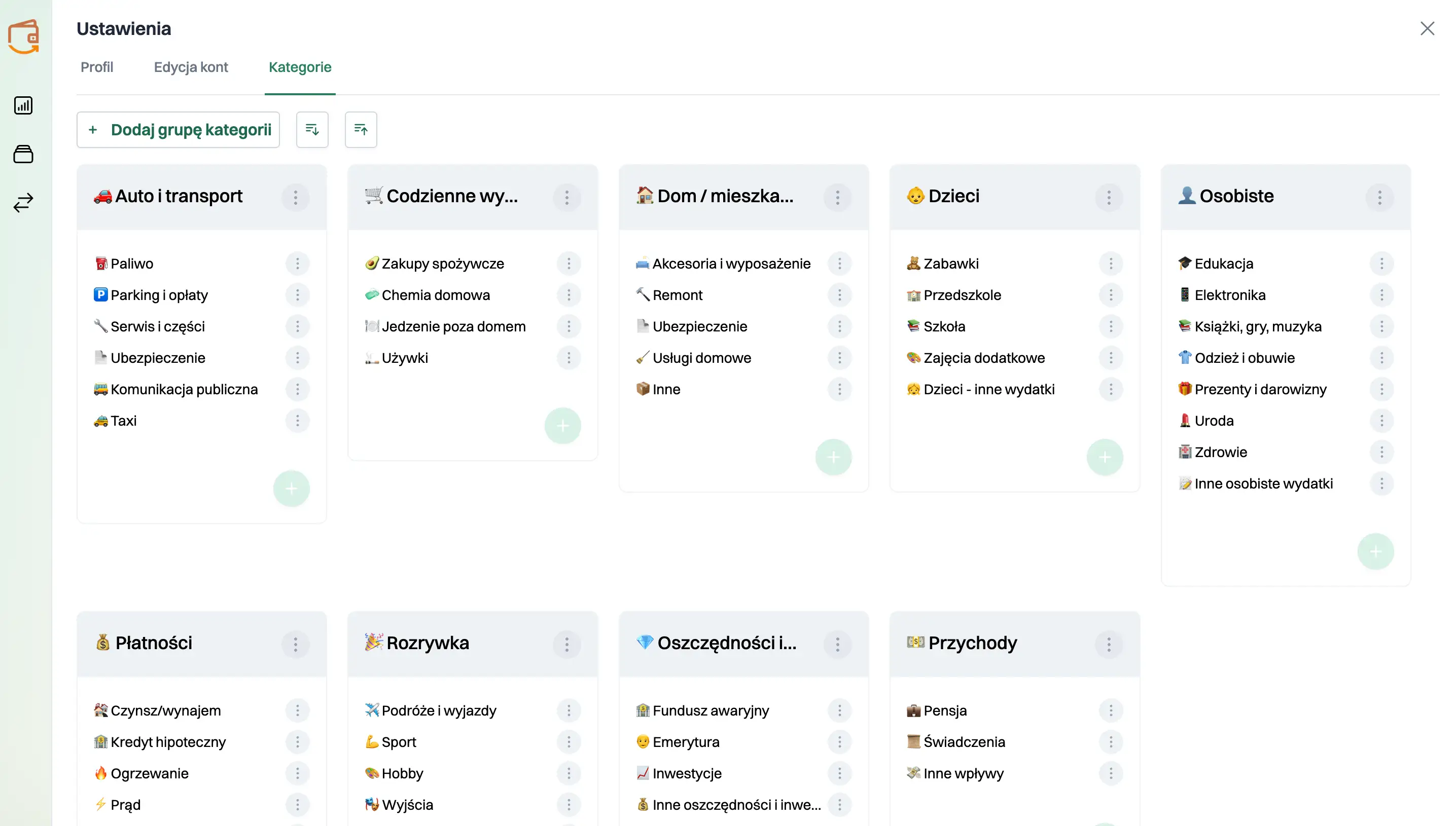 Makieta ekranu z kategoryzowaniem wydatków